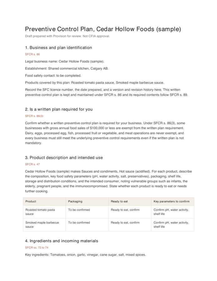 Page one of a preventive control plan drafted by Provision, showing business identification, whether a written plan is required, and a product table with key food safety parameters.